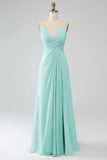 Lila A-Line Spaghetti Trapes Plisado Gasa Largo Vestido De Dama De Honor