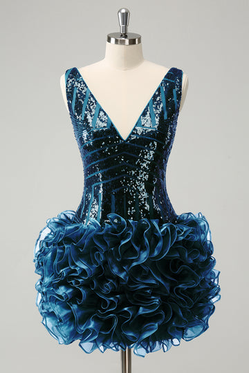 Vestido de cóctel de lentejuelas con cuello en V azul marino con purpurina y volantes desmontables