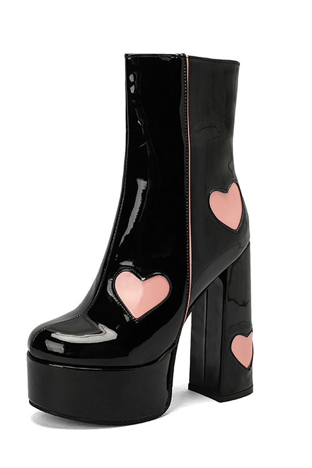 Botas de tacón alto con plataforma de cuero PU negro con corazones rosas