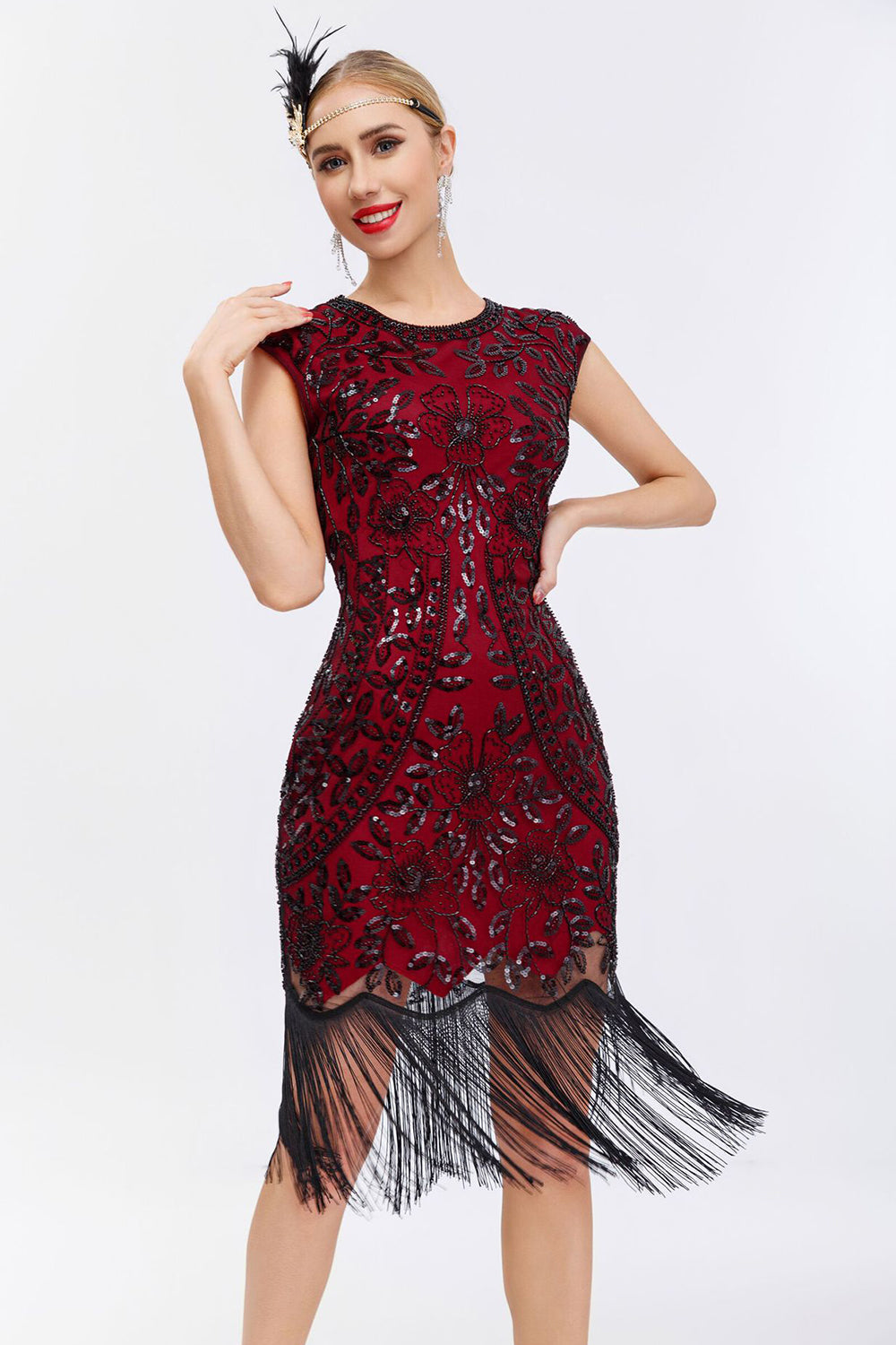Vestido de Gatsby de lentejuelas negras de la década de 1920 con flecos