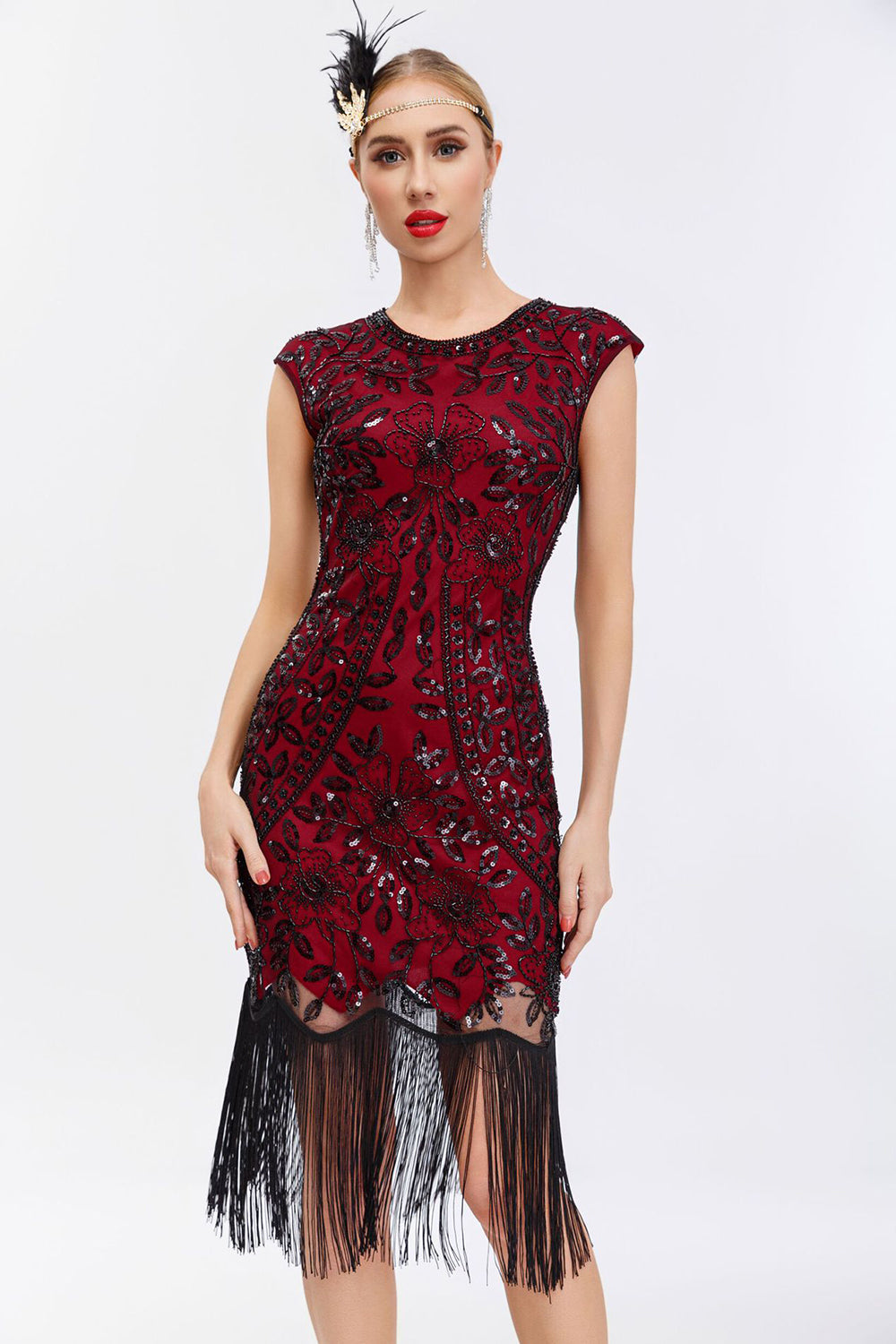 Vestido de Gatsby de lentejuelas negras de la década de 1920 con flecos