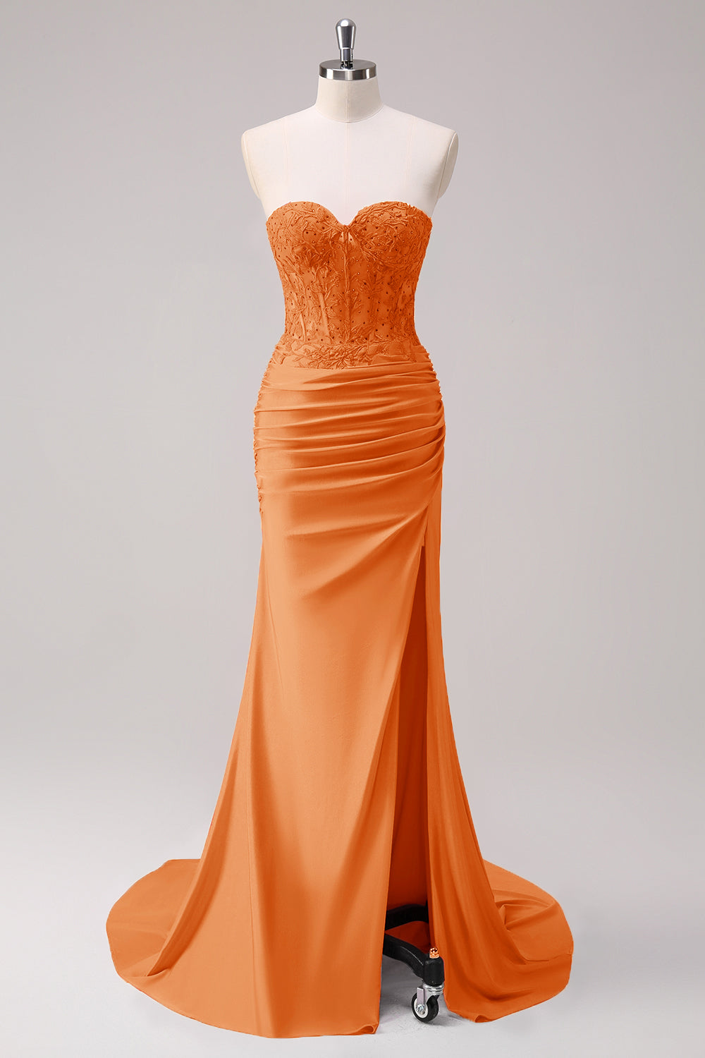 Corsé Fucsia Sirena Strapless Corsé Fruncido Vestido de Fiesta Largo con Abertura