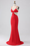 Tirantes finos Vestido de fiesta rojo sin espalda de sirena