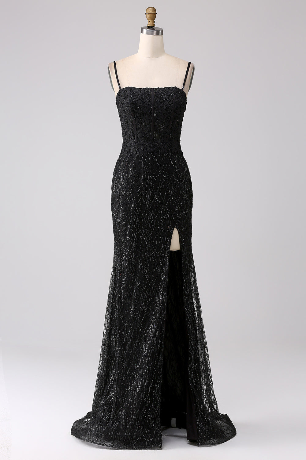 Vestido de fiesta largo de hombros fríos de sirena negro con abertura