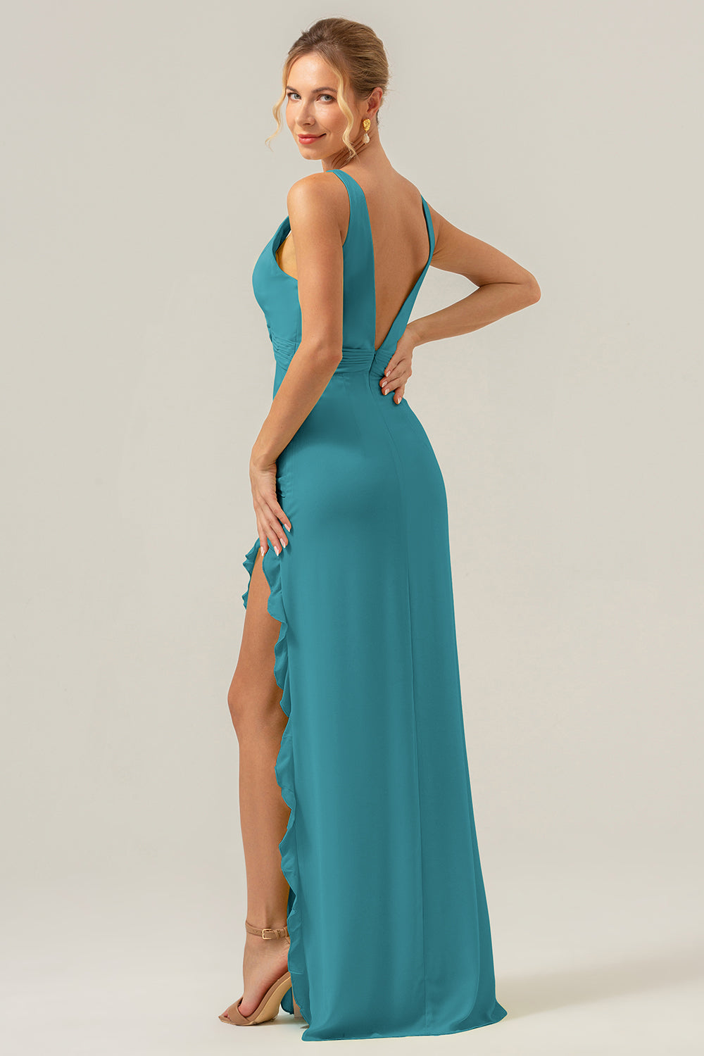 Vestido de dama de honor Salvia Polvorienta largo con escote en V profundo y cuello en V profundo con abertura de volantes
