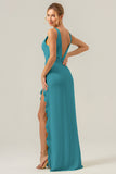 Vestido de dama de honor Salvia Polvorienta largo con escote en V profundo y cuello en V profundo con abertura de volantes