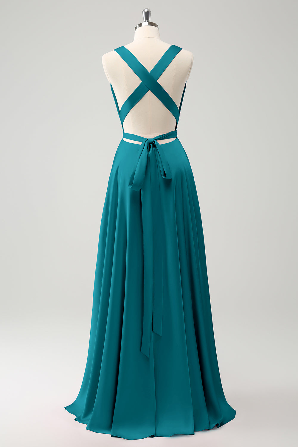 Vestido de dama de honor azul real A Line con espalda sin espalda y abertura
