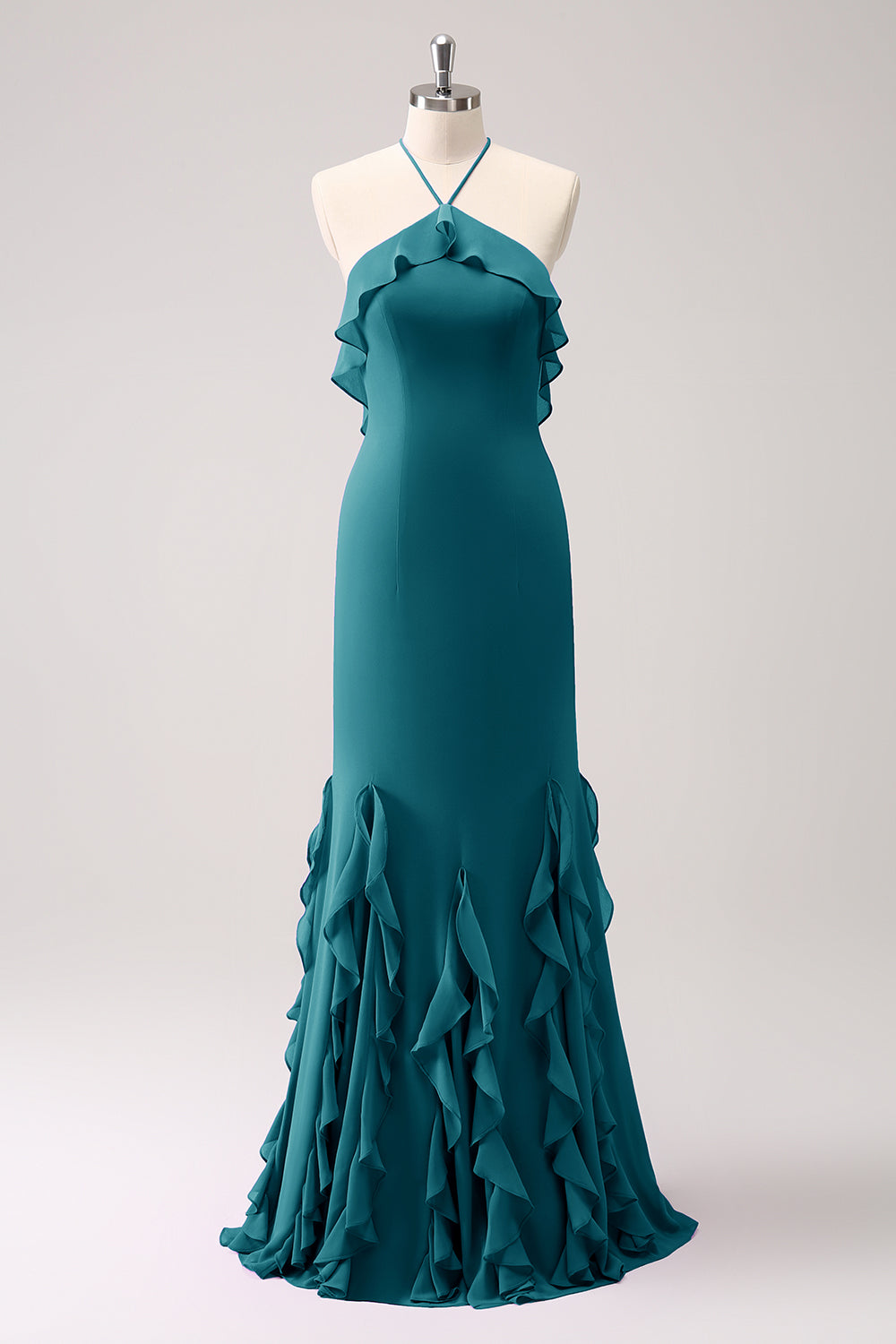 Vestido largo de dama de honor de gasa con volantes halter de sirena de Salvia polvorienta