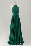 Vestido de dama de honor largo halter azul grisáceo con abertura