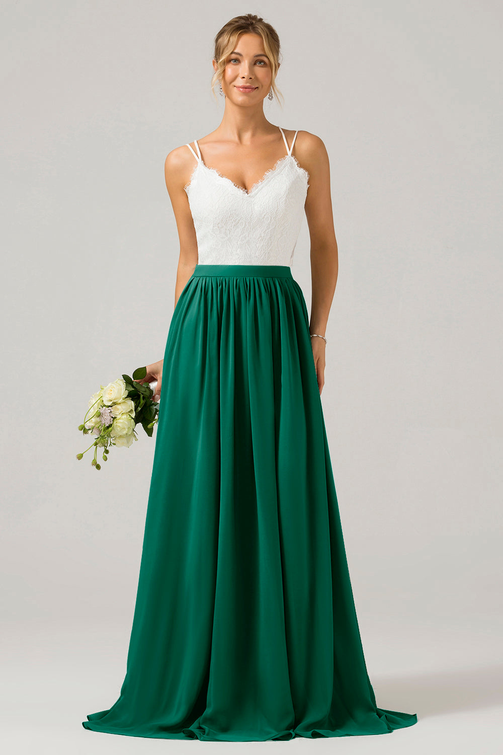 Vestido de dama de honor largo de gasa boho con espalda abierta de pino con encaje