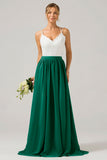 Vestido de dama de honor largo de gasa boho con espalda abierta de pino con encaje
