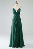 Lila A-Line Spaghetti Trapes Plisado Gasa Largo Vestido De Dama De Honor