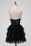 Vestido de regreso a casa escalonado con tirantes de espagueti negro brillante con lentejuelas