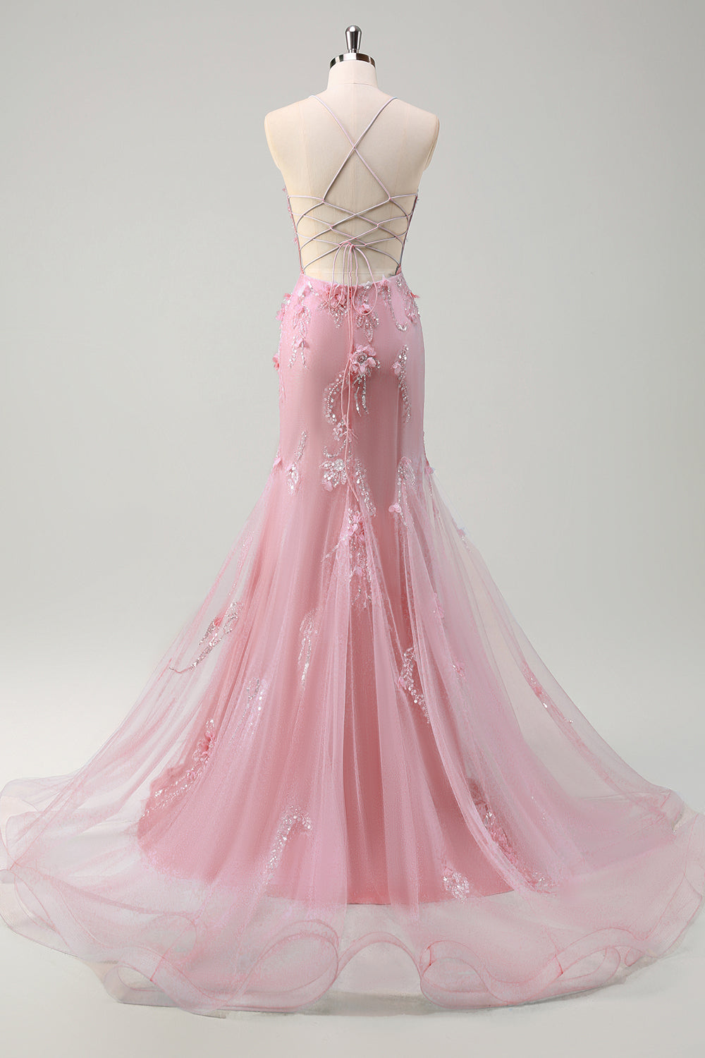 Vestido de fiesta largo con corsé largo de tul con tirantes de espagueti de sirena azul con flores 3D