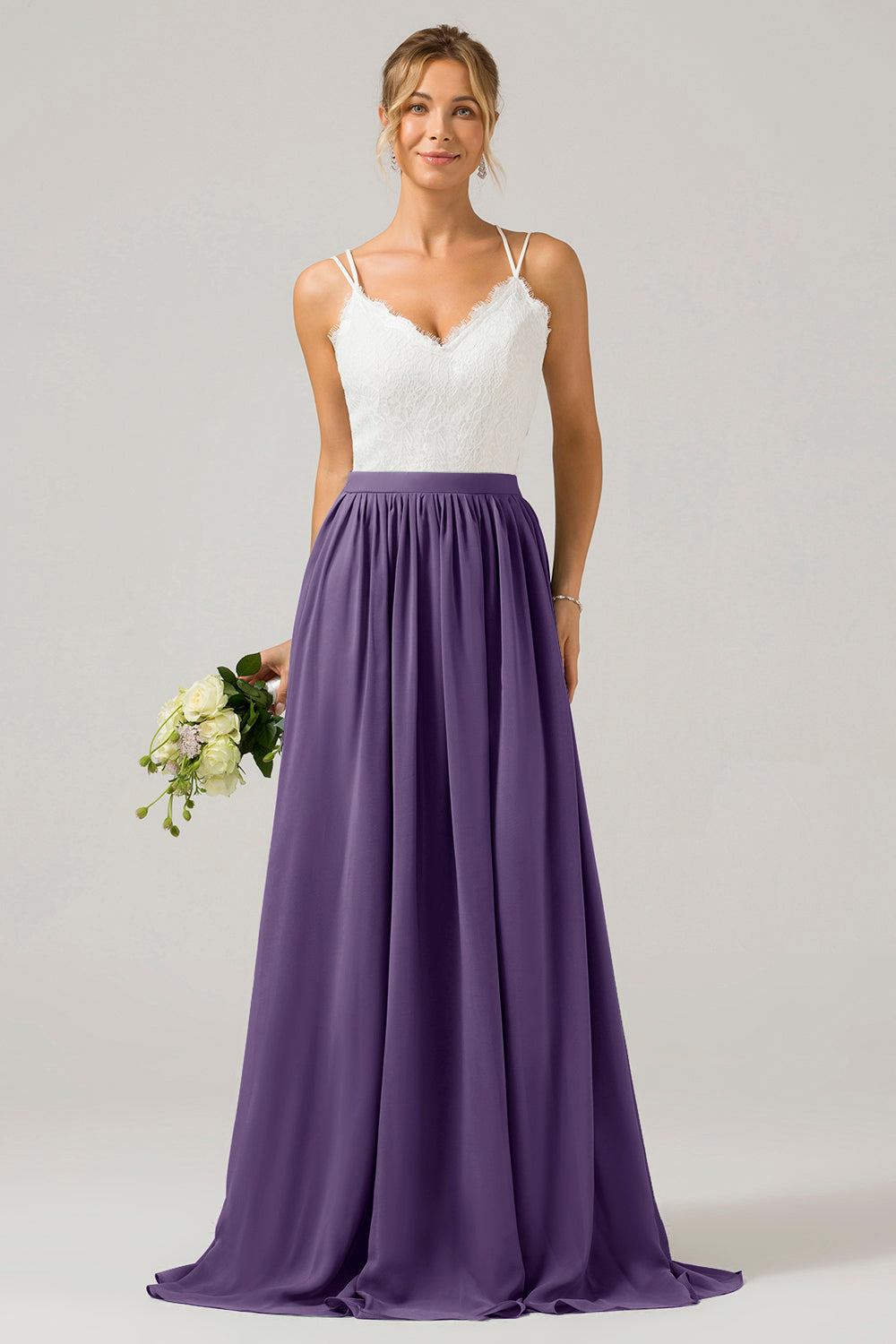 Vestido de dama de honor largo de gasa boho con espalda abierta de pino con encaje