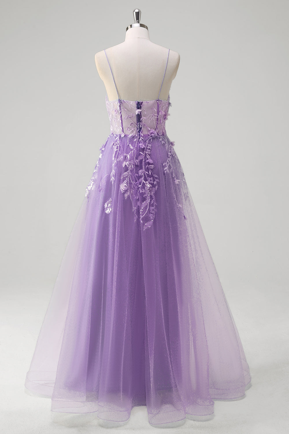 A Line Tulle Spaghetti Tirantes Corsé Apliques Vestido de Fiesta Azul con Abertura