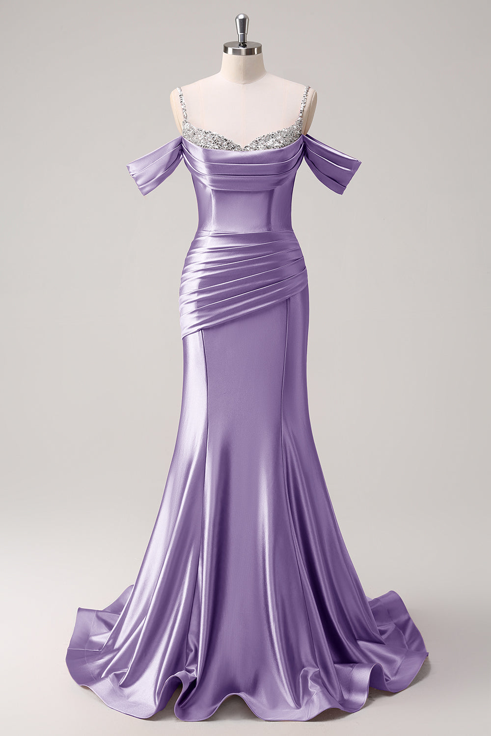 Vestido de fiesta largo de satén fruncido con lentejuelas de sirena dorada brillante con hombros fríos