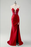 Vestido largo de fiesta con corsé sin tirantes de sirena verde brillante con abertura