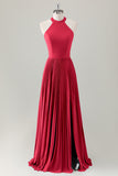 Vestido de dama de honor largo halter azul grisáceo con abertura