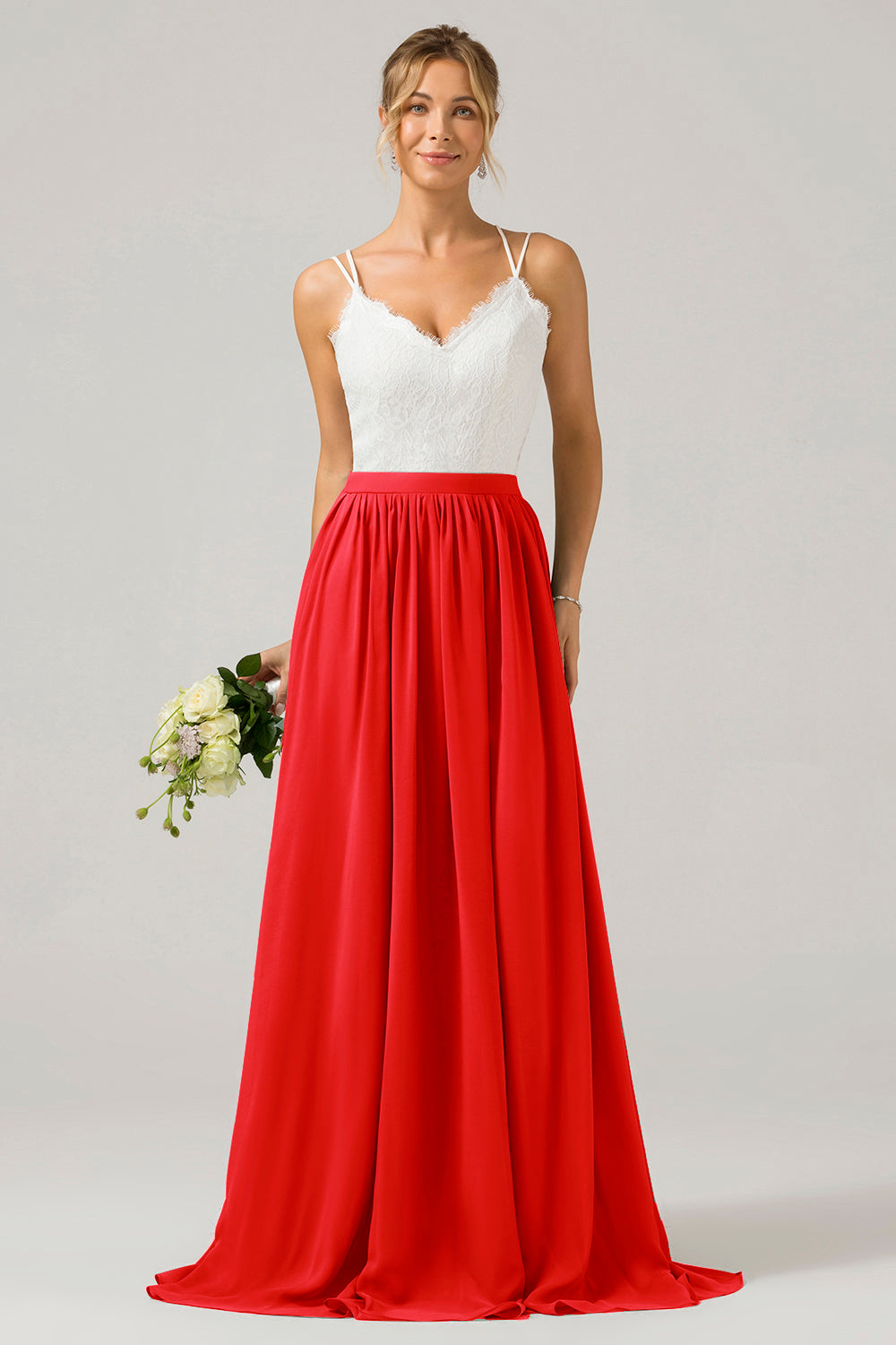Vestido de dama de honor largo de gasa boho con espalda abierta de pino con encaje