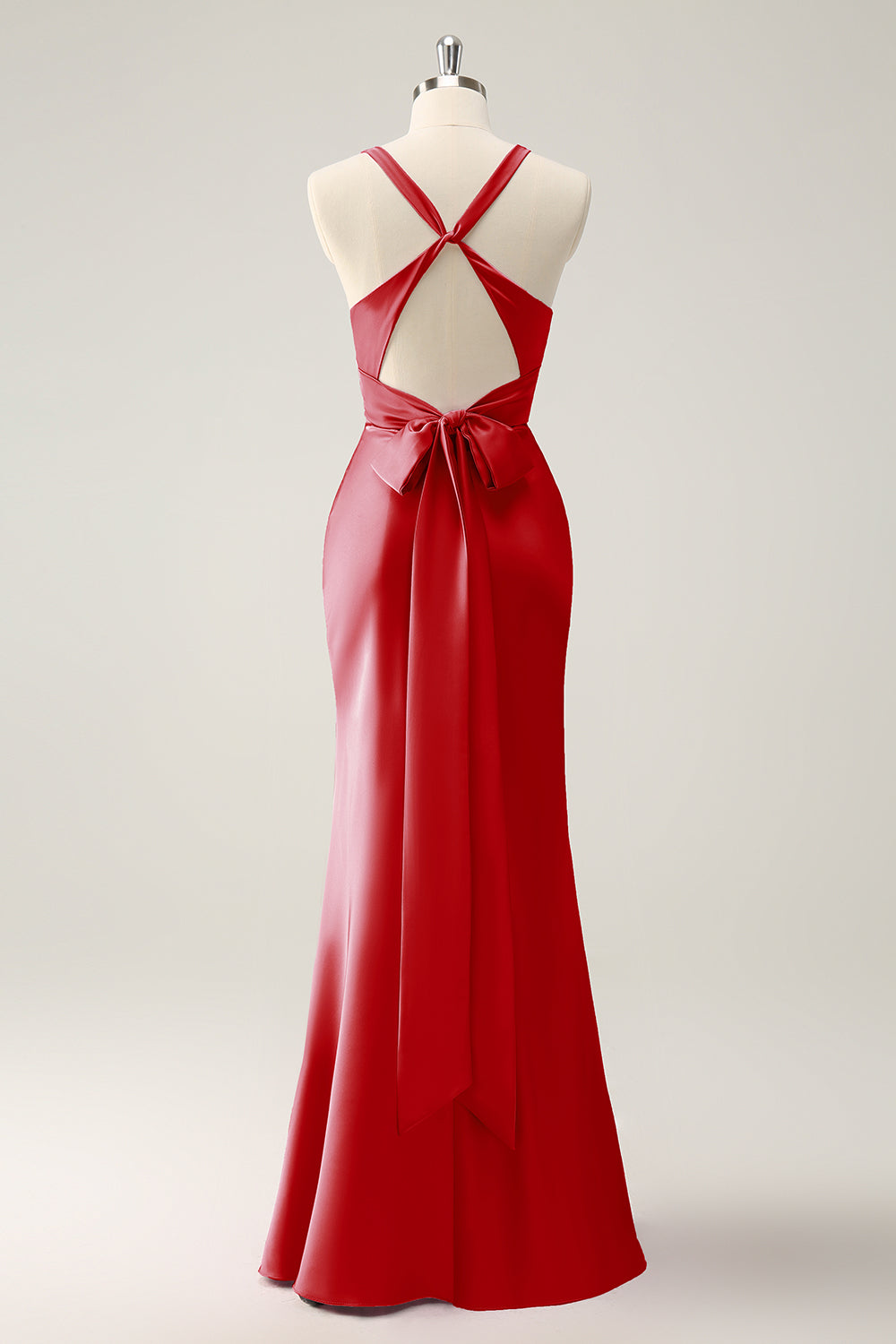 Vestido largo de dama de honor de satén con cuello en V de sirena Eucalipto