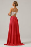 Vestido de dama de honor largo de gasa boho con espalda abierta de pino con encaje