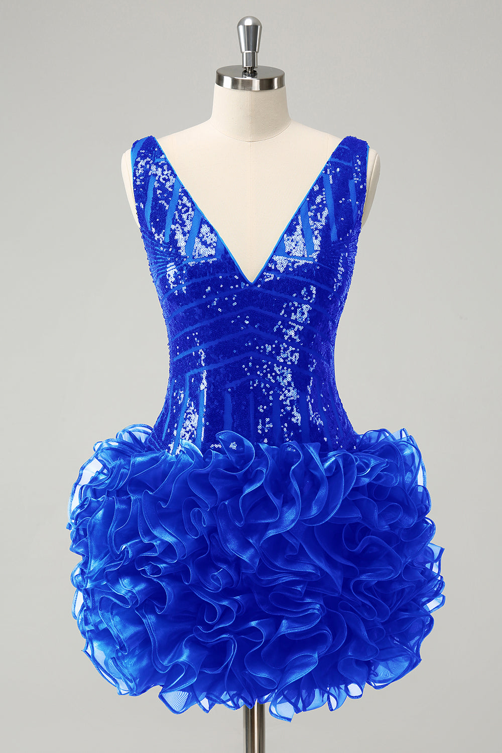 Vestido de cóctel de lentejuelas con cuello en V azul marino con purpurina y volantes desmontables