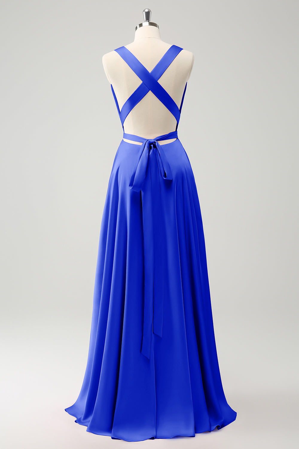 Vestido de dama de honor azul real A Line con espalda sin espalda y abertura