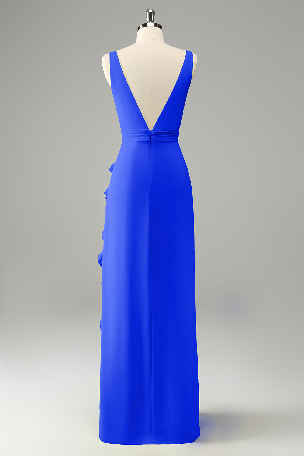 Vestido de invitada de boda con volantes de cuello en V profundo de eucalipto con abertura