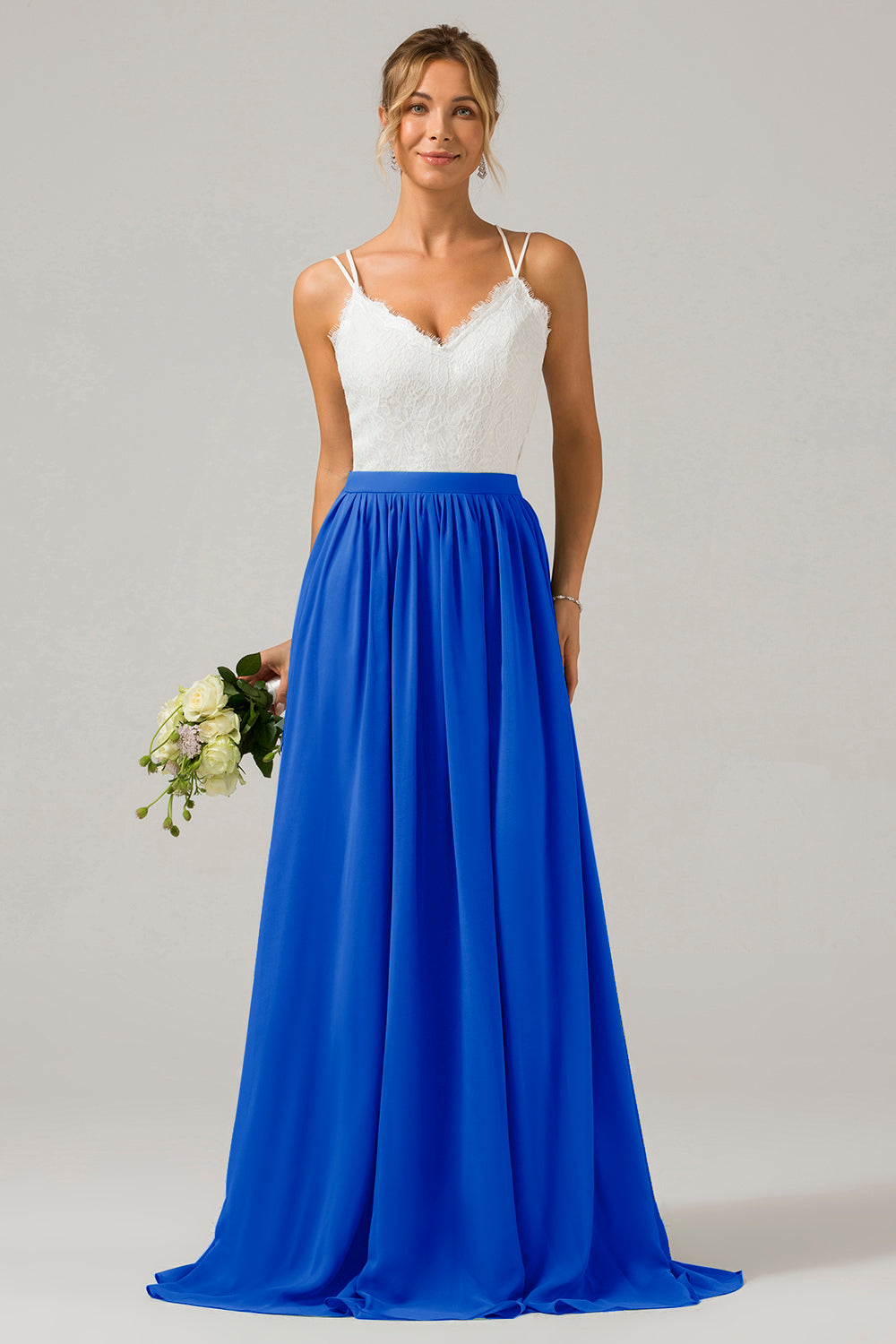 Vestido de dama de honor largo de gasa boho con espalda abierta de pino con encaje