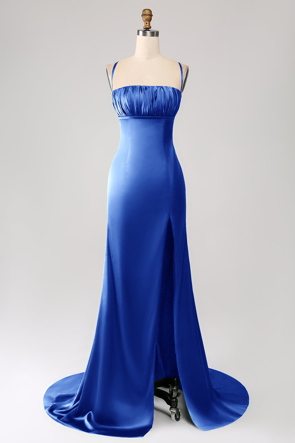 Vestido de fiesta de satén con tirantes de espagueti de sirena rosa polvorienta con plisado
