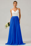 Vestido de dama de honor largo de gasa boho con espalda abierta de pino con encaje