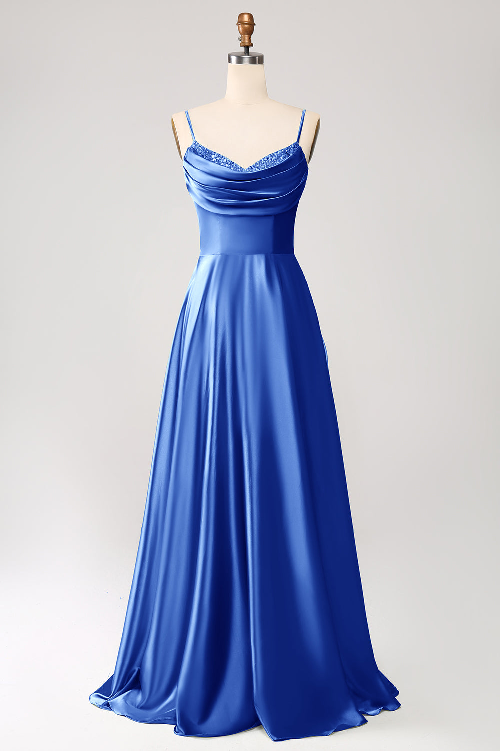 Azul polvoriento Una línea Cuello Capucha Satén Vestido Largo De Fiesta Con Plisado