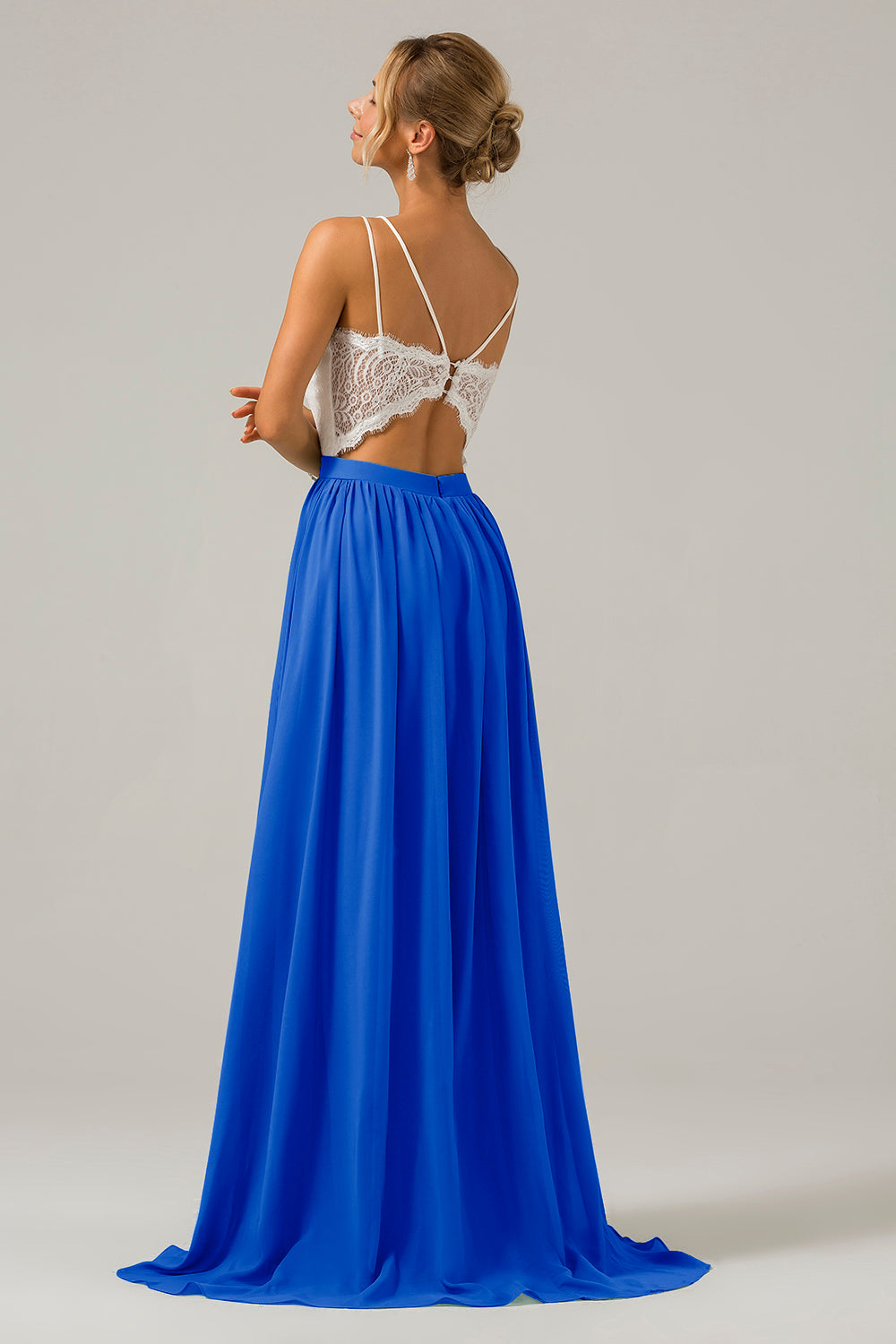 Vestido de dama de honor largo de gasa boho con espalda abierta de pino con encaje