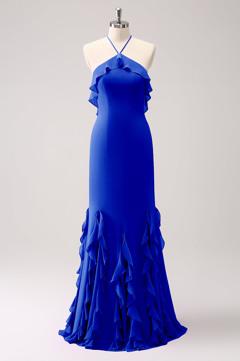 Vestido largo de dama de honor de gasa con volantes halter de sirena de Salvia polvorienta