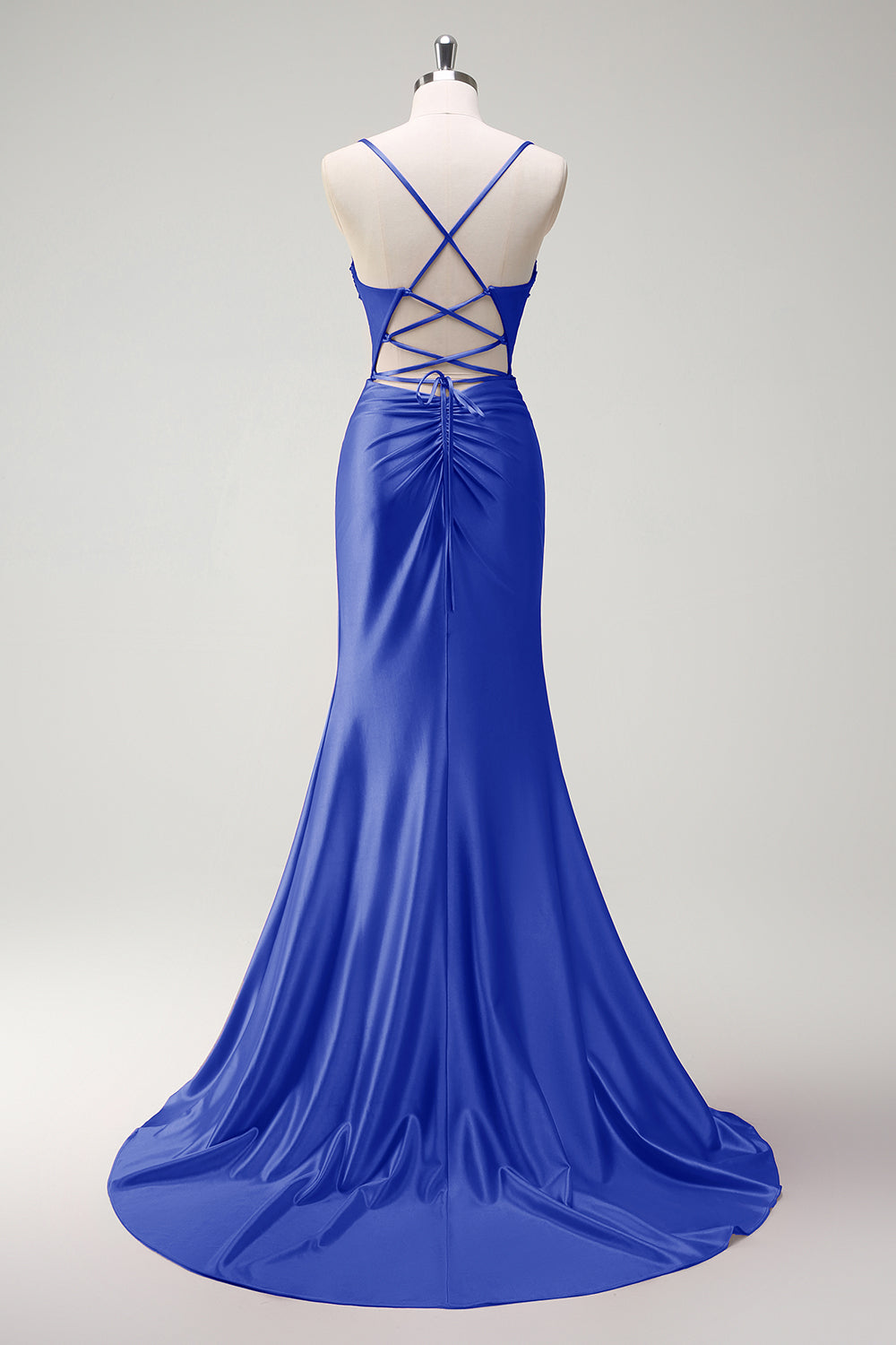 Tirantes de espagueti de sirena fucsia brillante Corsé de cuentas Vestido de fiesta largo de satén con abertura