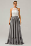 Vestido de dama de honor largo de gasa boho ojo de cerradura de plata con encaje