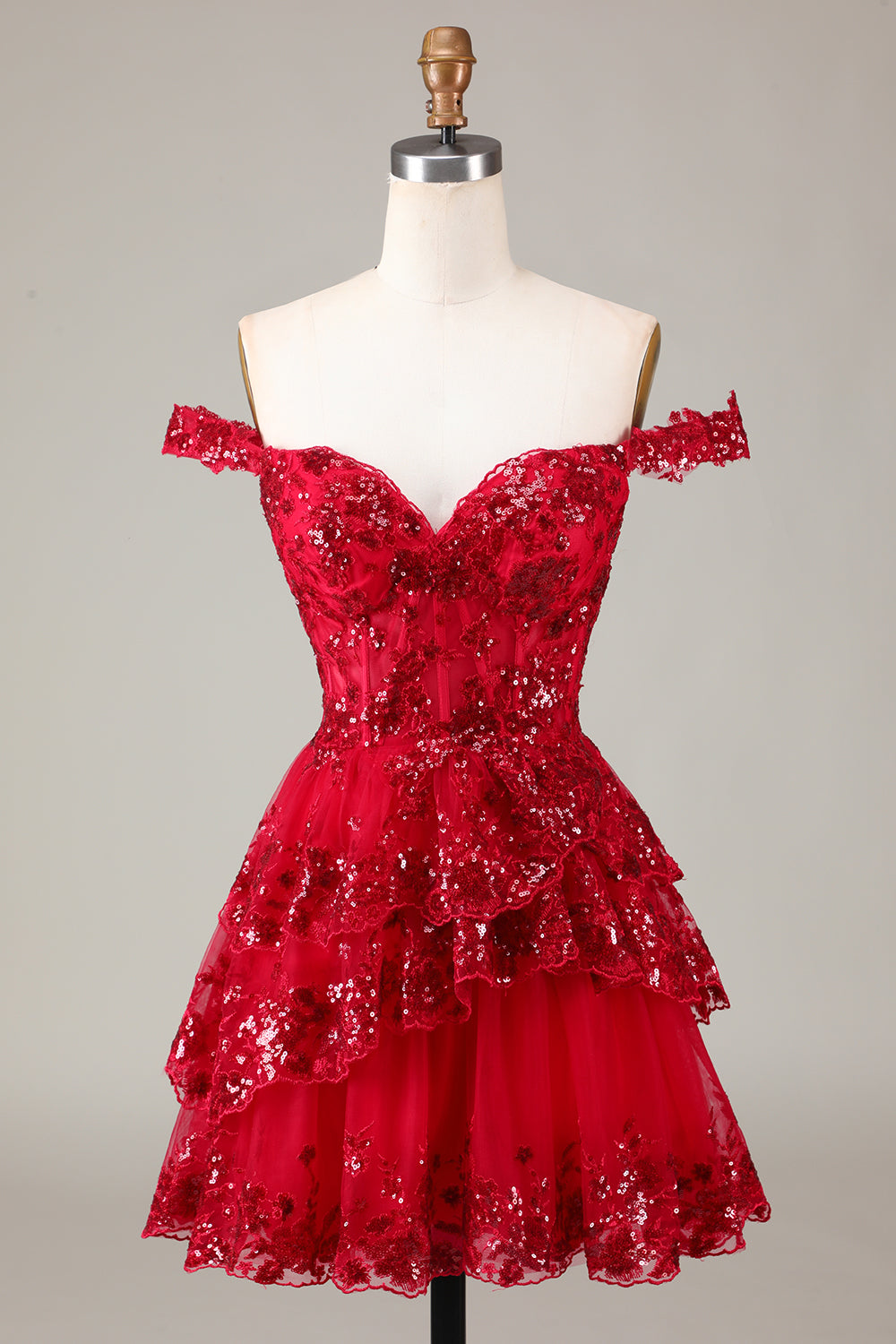 Vestido de cóctel de encaje con corsé escalonado y hombros descubiertos en negro brillante