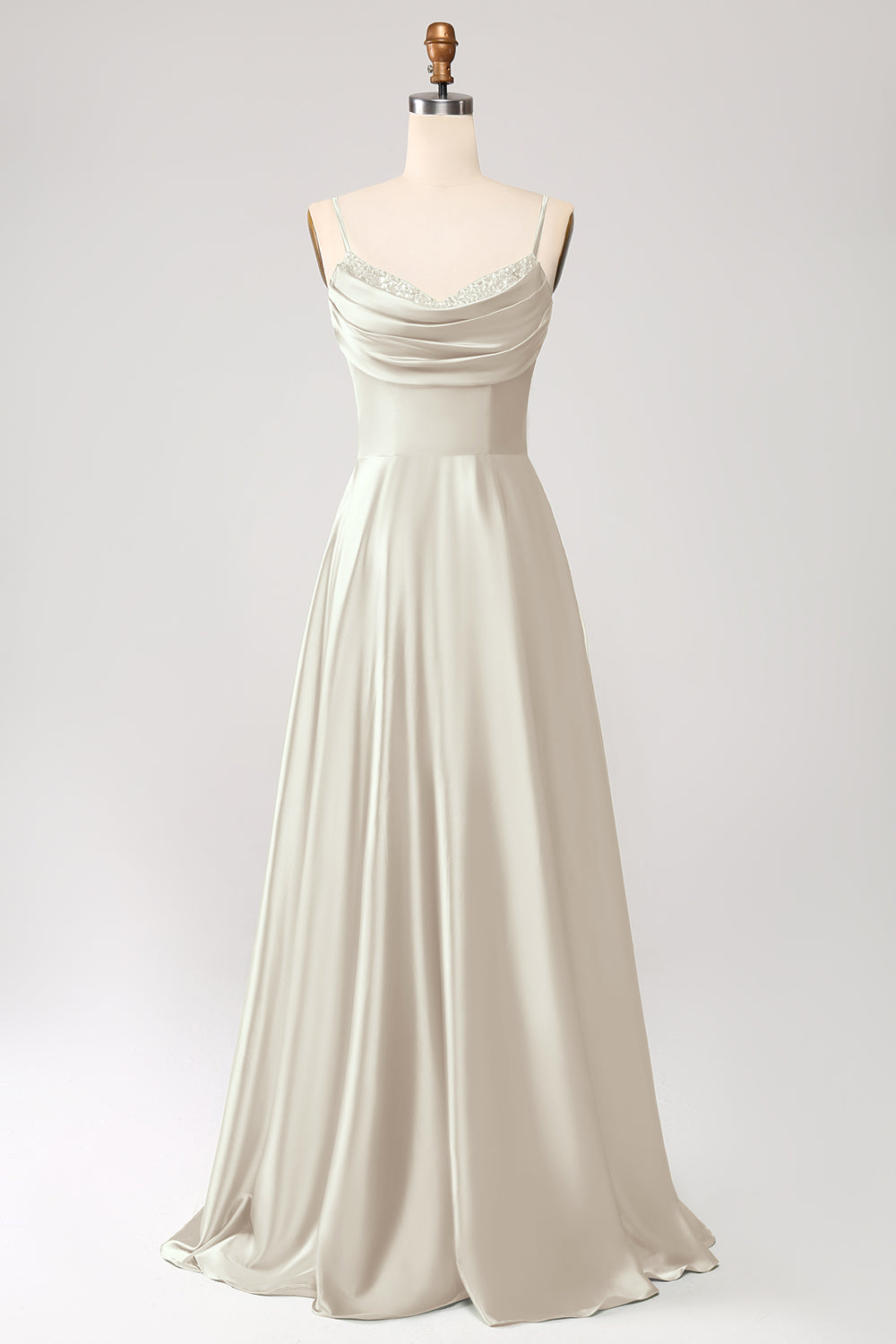 Azul polvoriento Una línea Cuello Capucha Satén Vestido Largo De Fiesta Con Plisado