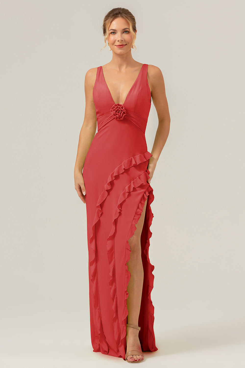 Vestido de dama de honor Salvia Polvorienta largo con escote en V profundo y cuello en V profundo con abertura de volantes