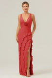 Vestido de dama de honor Salvia Polvorienta largo con escote en V profundo y cuello en V profundo con abertura de volantes