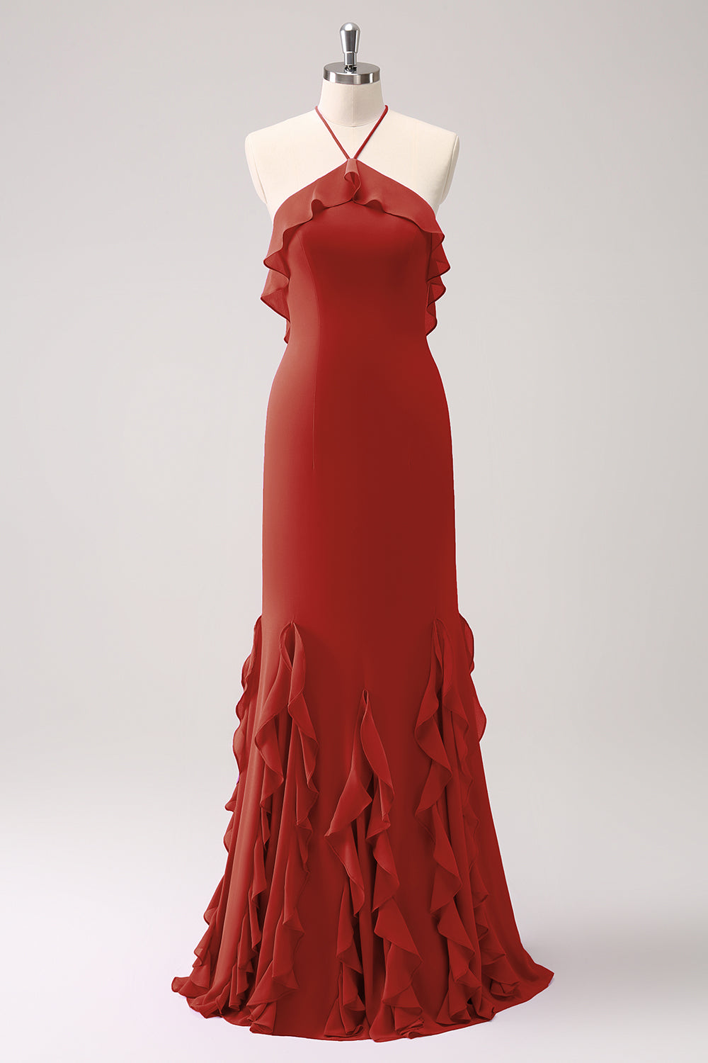 Vestido largo de dama de honor de gasa con volantes halter de sirena de Salvia polvorienta