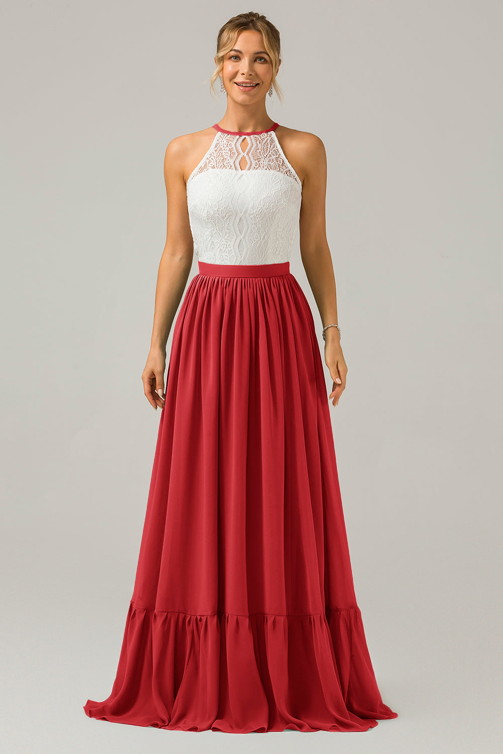 Vestido de dama de honor largo de gasa boho ojo de cerradura de terracota con encaje