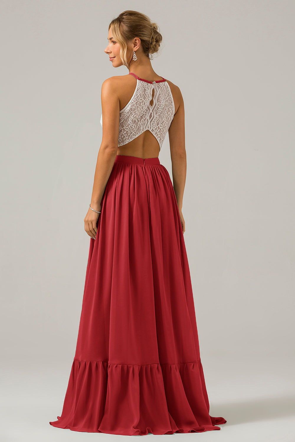 Vestido de dama de honor largo de gasa boho ojo de cerradura de terracota con encaje