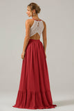 Vestido de dama de honor largo de gasa boho ojo de cerradura de terracota con encaje