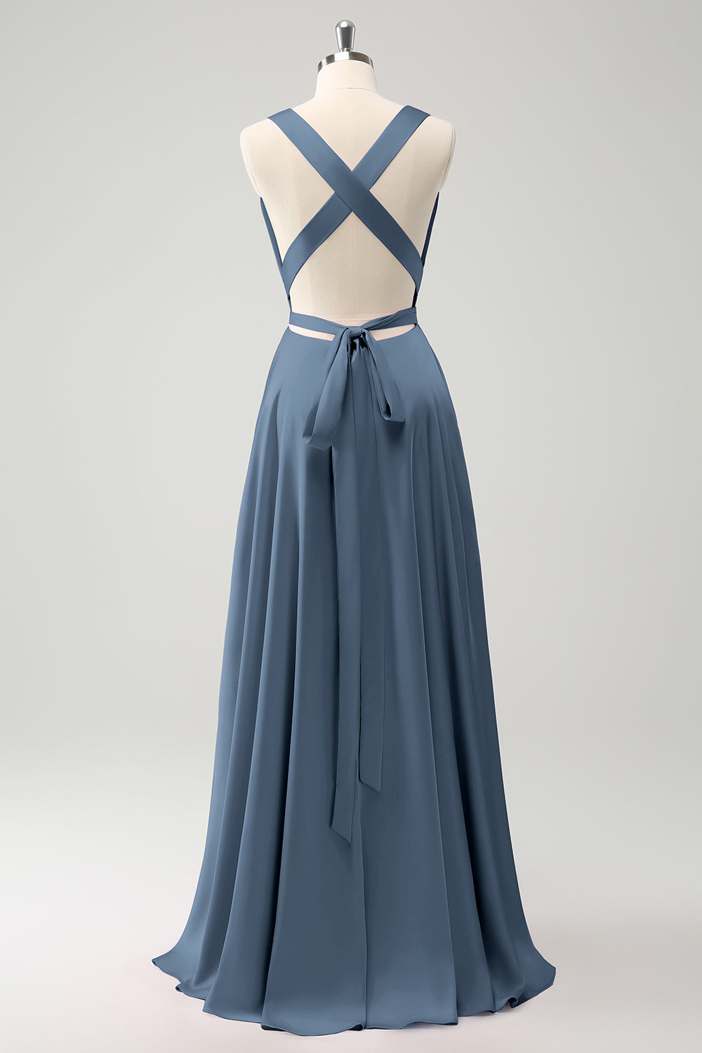 Vestido de dama de honor azul real A Line con espalda sin espalda y abertura