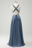 Vestido de dama de honor azul real A Line con espalda sin espalda y abertura