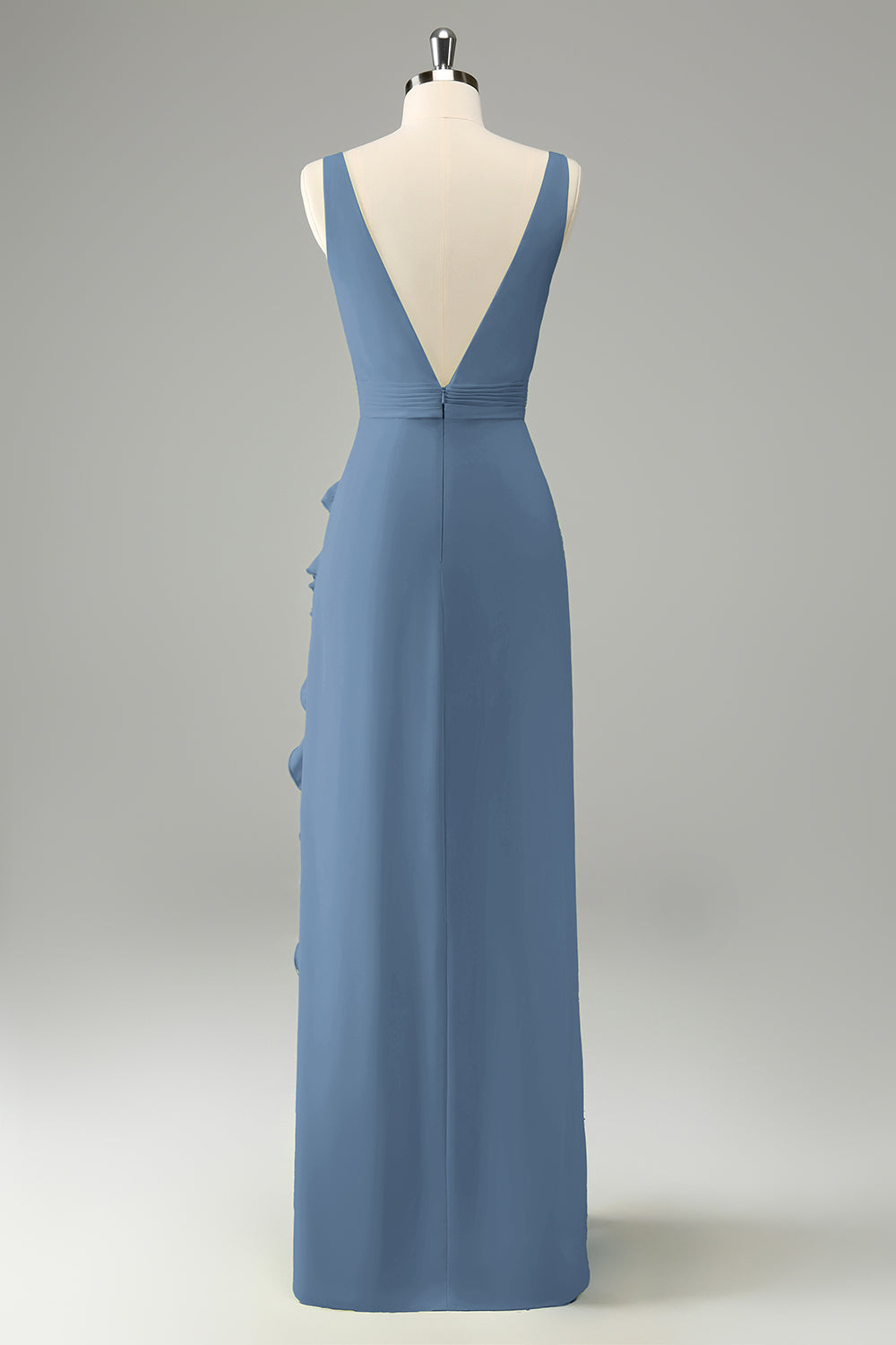 Vestido de invitada de boda con volantes de cuello en V profundo de eucalipto con abertura