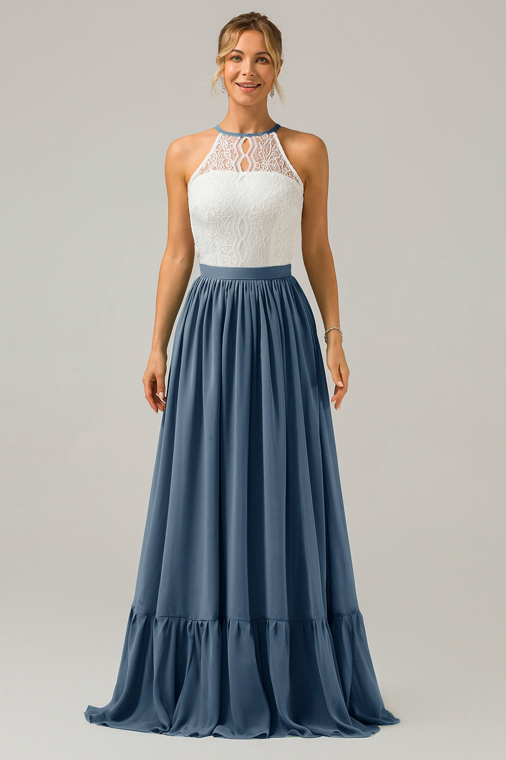 Vestido de dama de honor largo de gasa boho ojo de cerradura de terracota con encaje