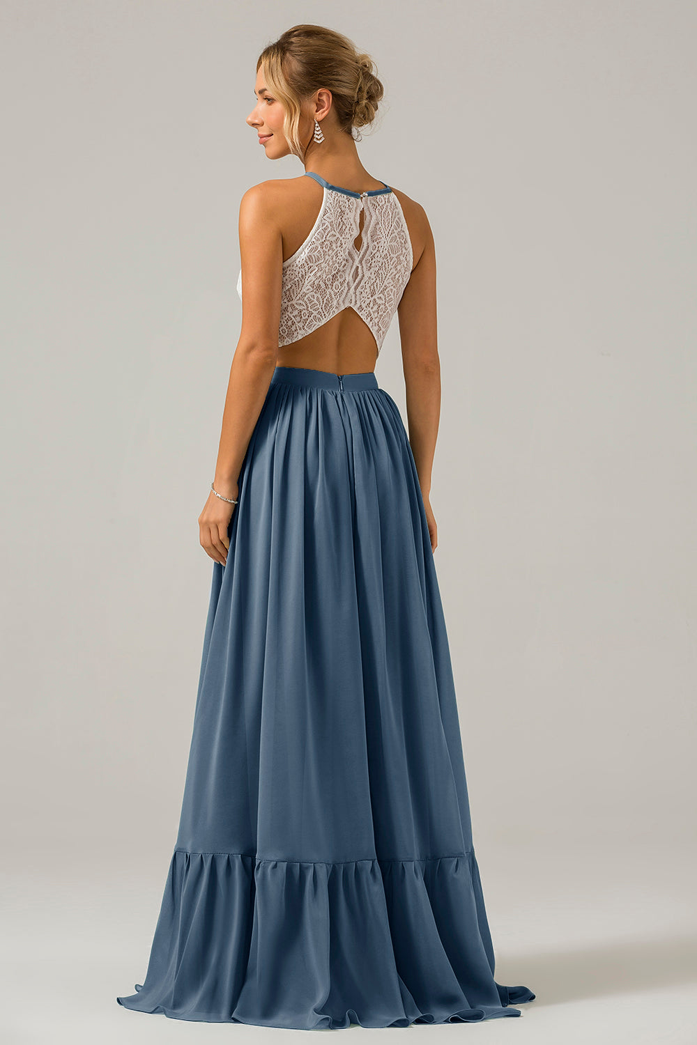 Vestido de dama de honor largo de gasa boho ojo de cerradura de terracota con encaje